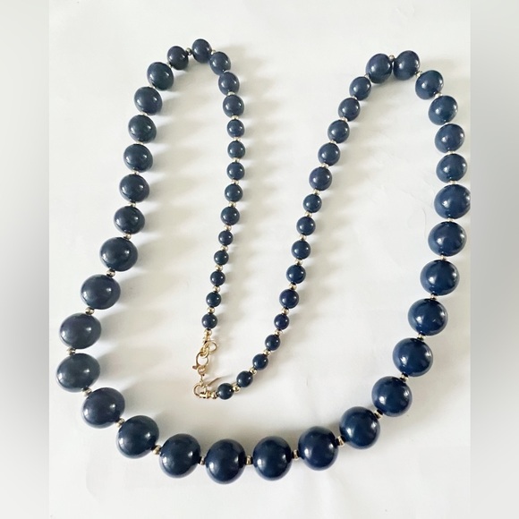 1980s Monet Graduated Navy Blue Acrylic Oblong Beaded  Vintage 1980s Monet Graduated Navy Blue Oblong Beaded Necklace